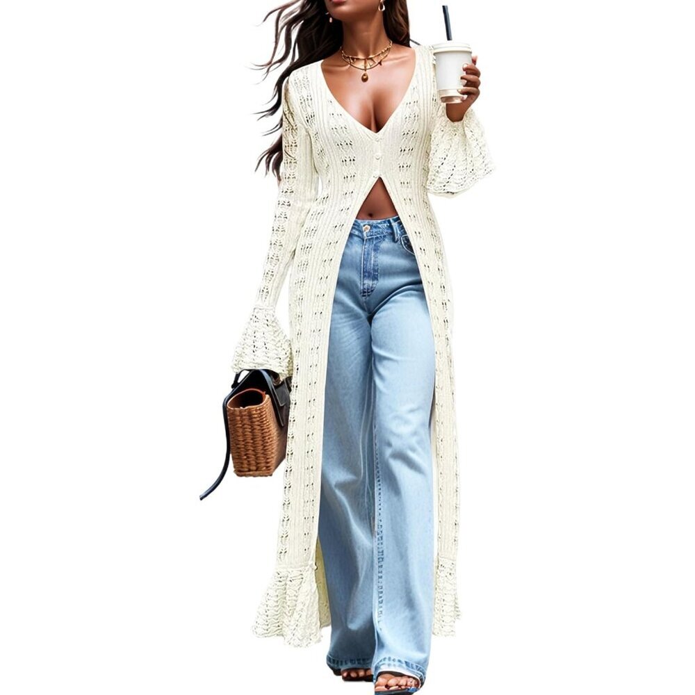 Maxi Long Beige Cardigan Sweaters For Women Sleeve Ruffle Cover Up Fall Dress
